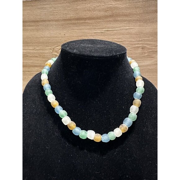 Vintage Frosted Sea Glass Beaded Necklace Beach Boho Casual 18” S Hook - Picture 1 of 4